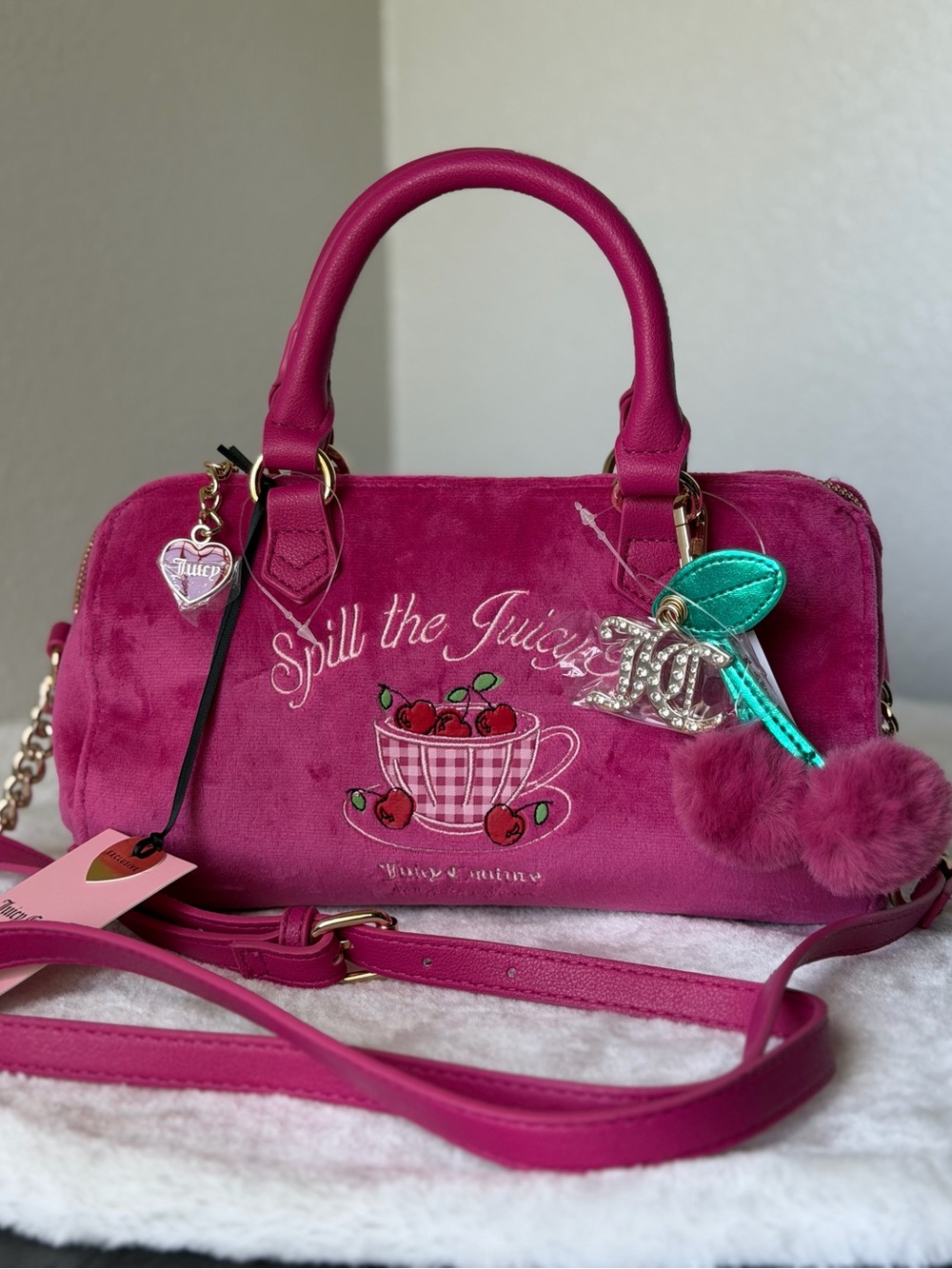 Juicy Couture Sweet Tea Party Satchel barrel bag purse pink spill the juicy tea